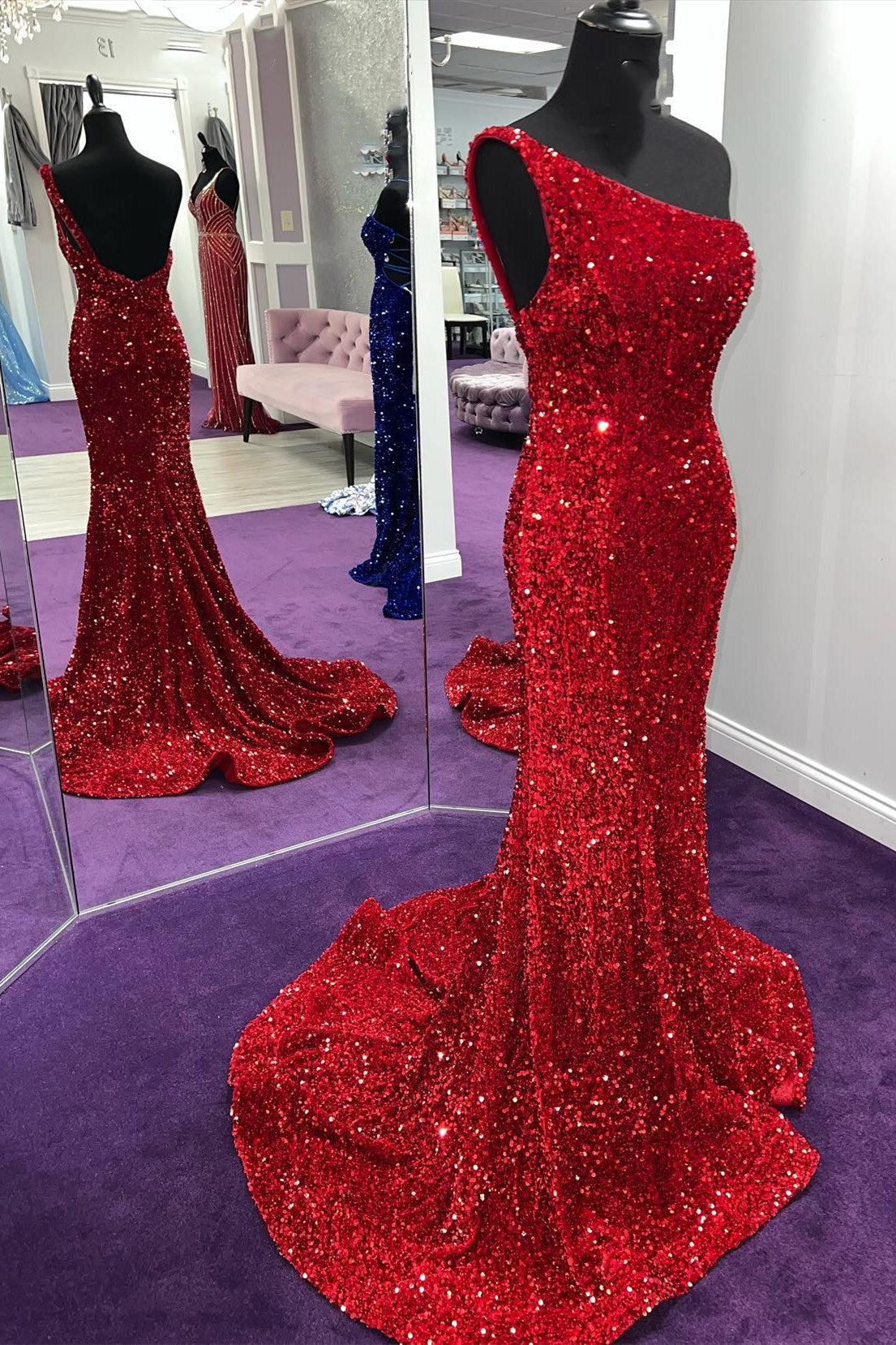 One Shoulder Red Sequin Mermaid Long Prom Dress