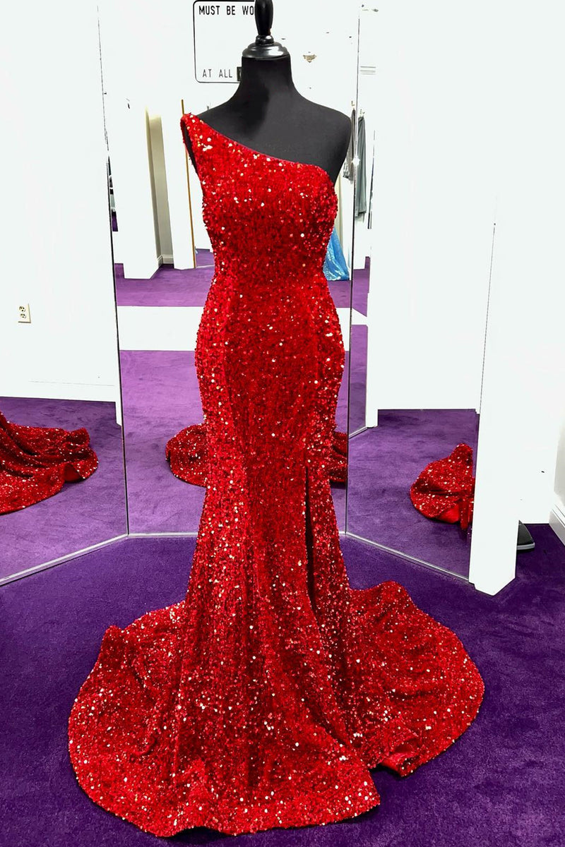 One Shoulder Red Sequin Mermaid Long Prom Dress