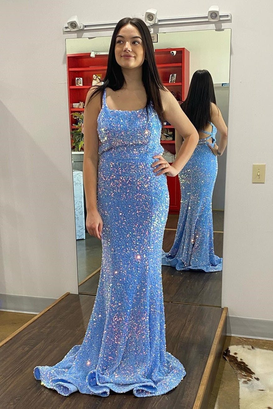 Straps Blue Sequin Mermaid Long Prom Dress with Cross Back