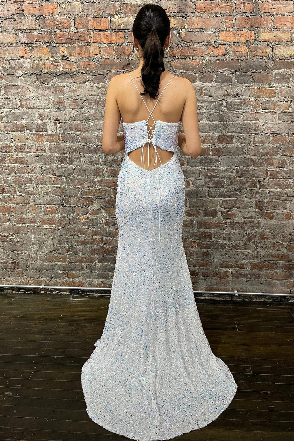 White Sequin Straps Mermaid Long Prom Dress