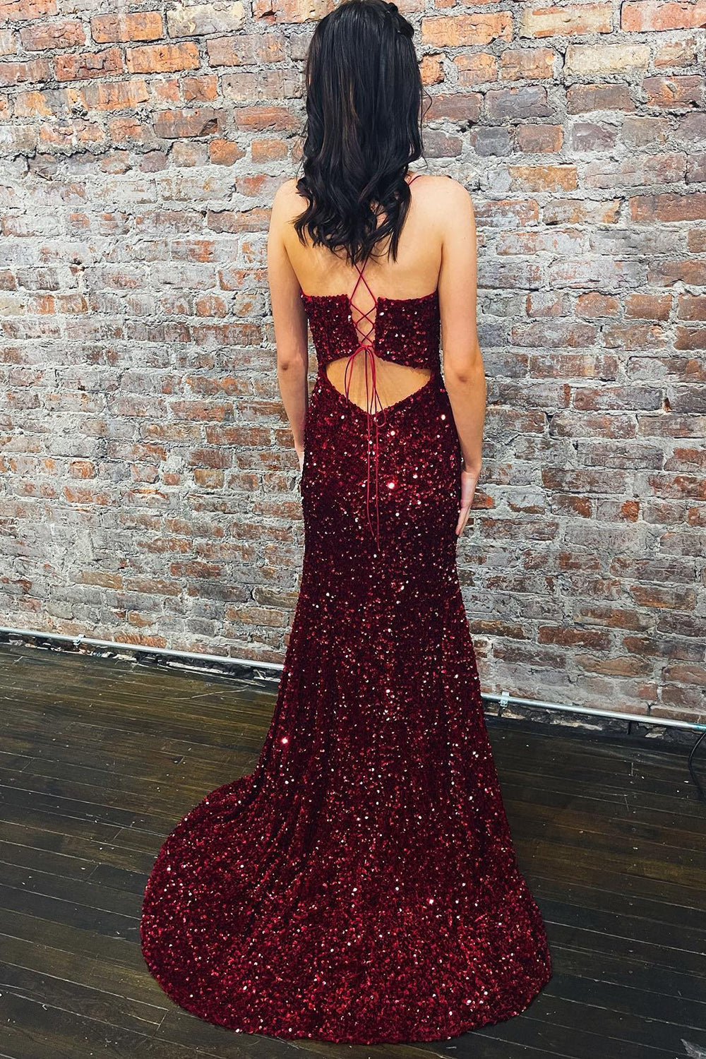 Wine Red Sequin Straps Mermaid Long Prom Dress