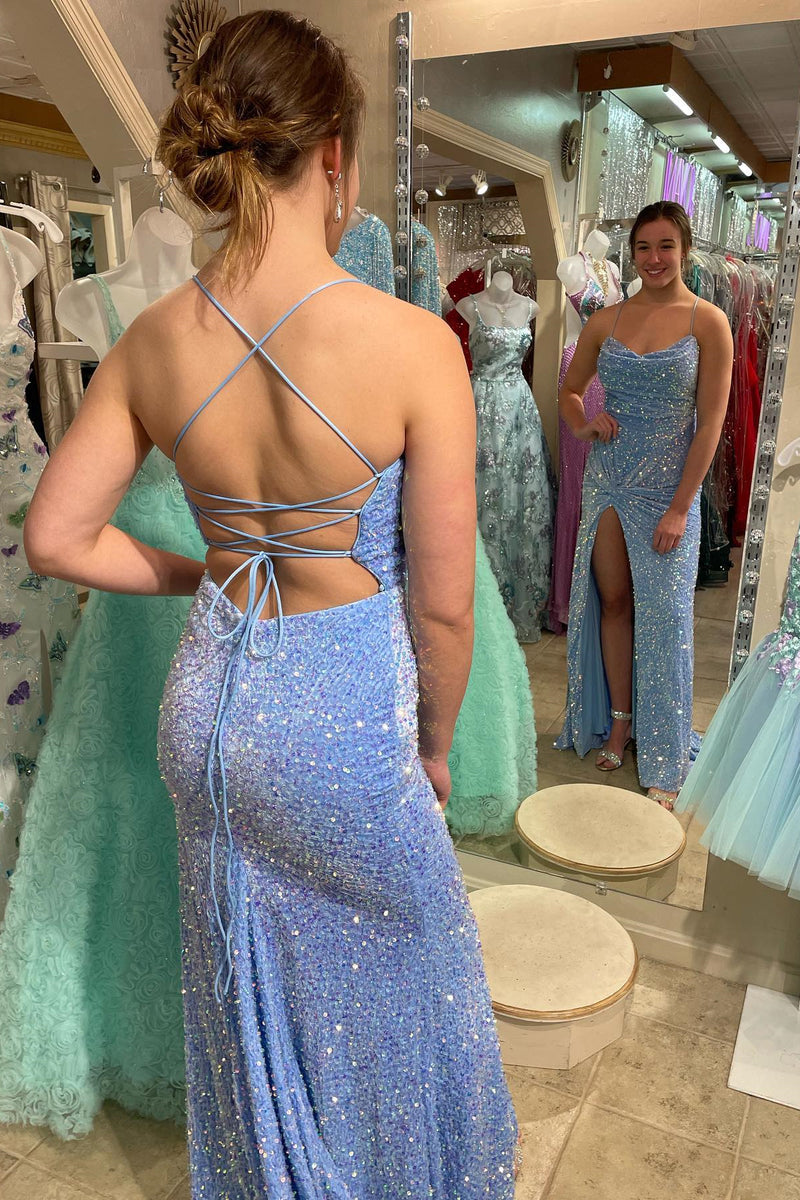 Glitters Blue Sequin Cowl Neck Mermaid Long Formal Dress