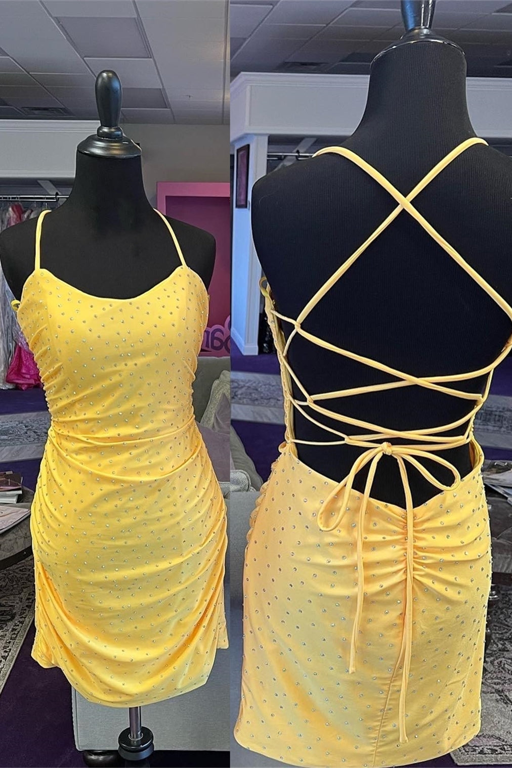 Elegant Yellow Beaded Bodycon Mini Homecoming Dress with Lace Up Back