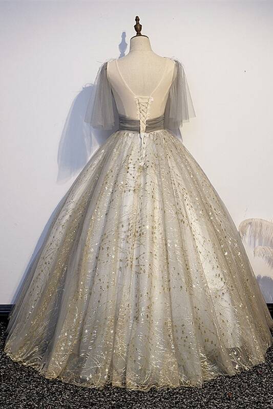 Empire A-line Grey and Gold Sequins Long Ball Gown 