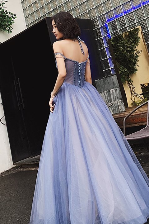 Off the Shoulder Blue Long Prom Dress