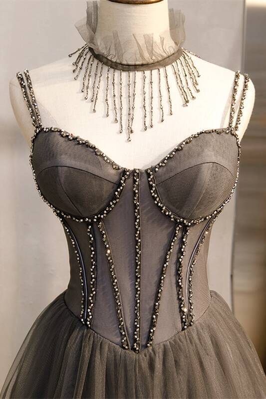 Double Straps Grey A-line Long Prom Dress