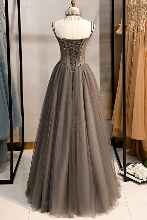 Double Straps Grey A-line Long Prom Dress