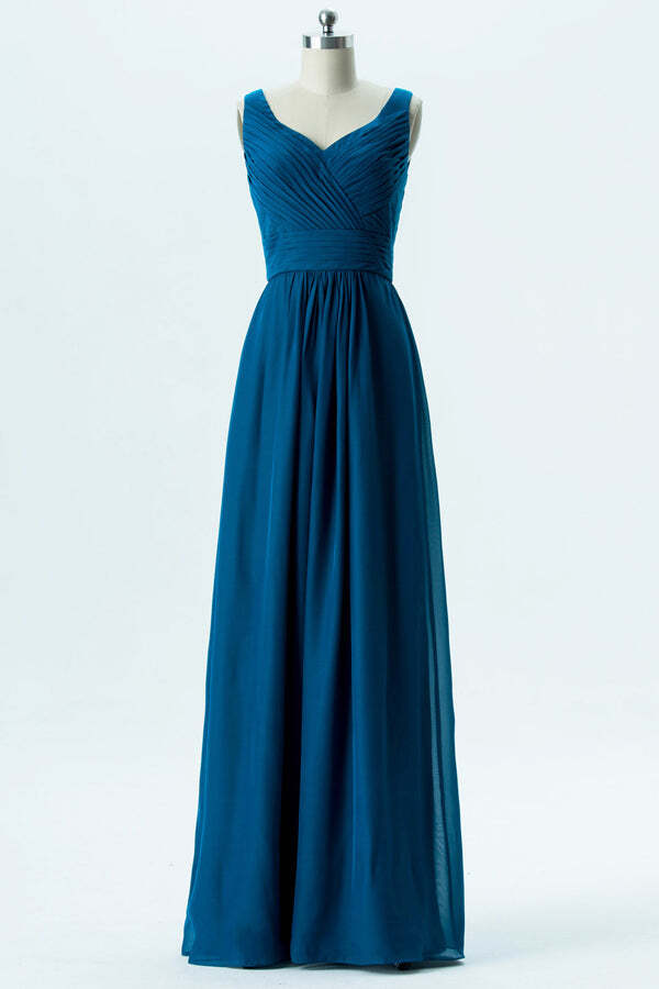 Ocean Blue Pleated A-line Chiffon Long Bridesmaid Dress