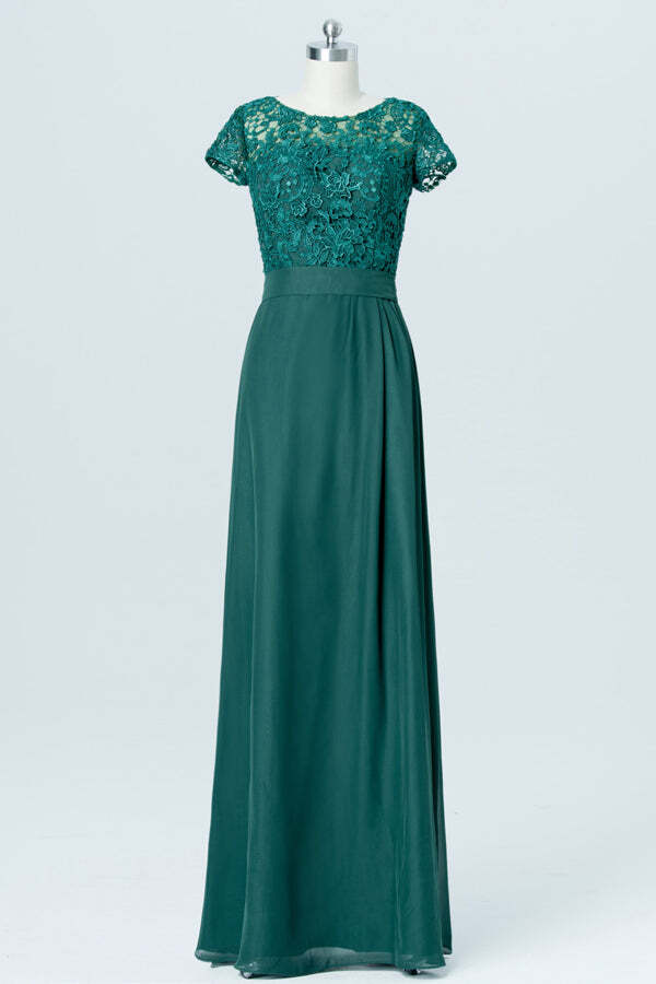 Short Sleeve Green Lace and Chiffon Long Bridesmaid Dress