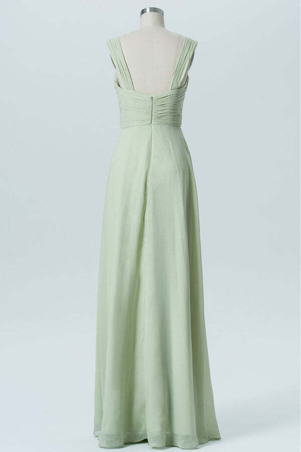 Sage Green Chiffon Pleated A-line Long Bridesmaid Dress
