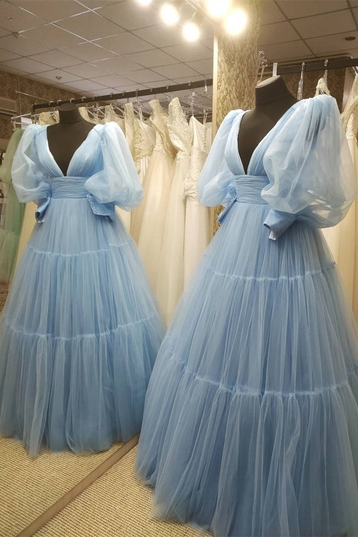 Blue Empire A-line Puffy Long Sleeves Ball Gown