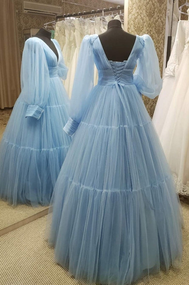 Blue Empire A-line Puffy Long Sleeves Ball Gown