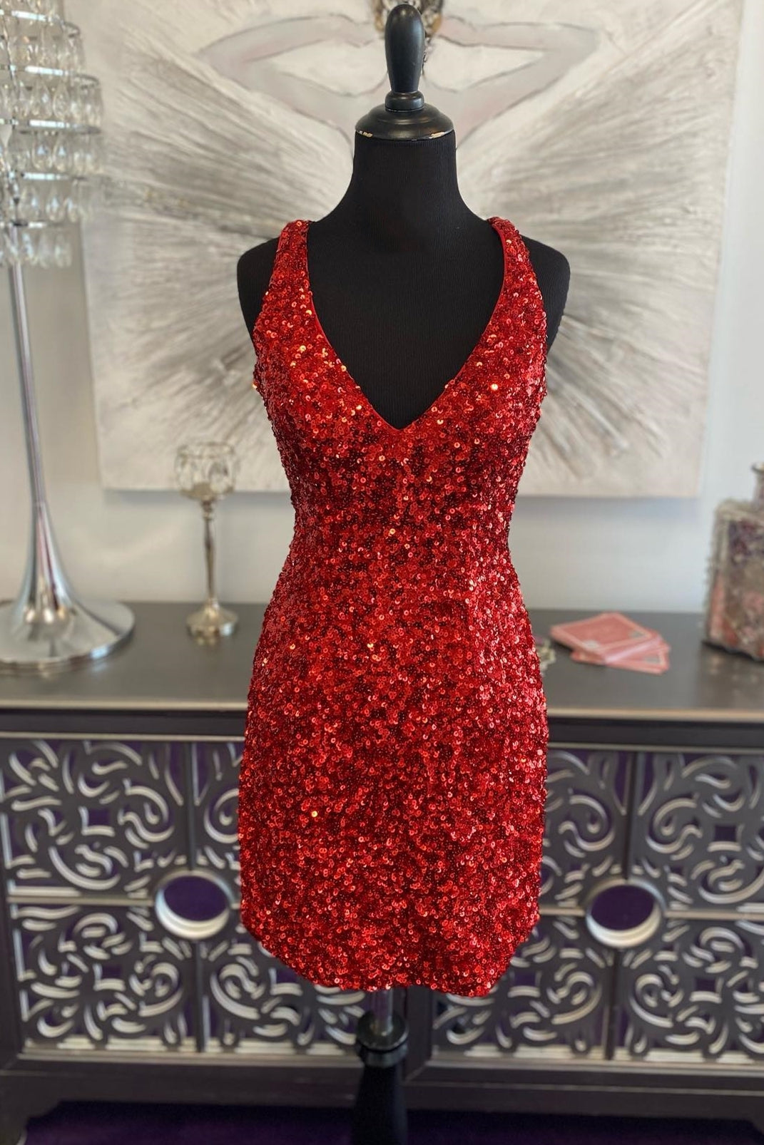 Red Sequin V Neck Bodycon Short Party Dress with Cross Back