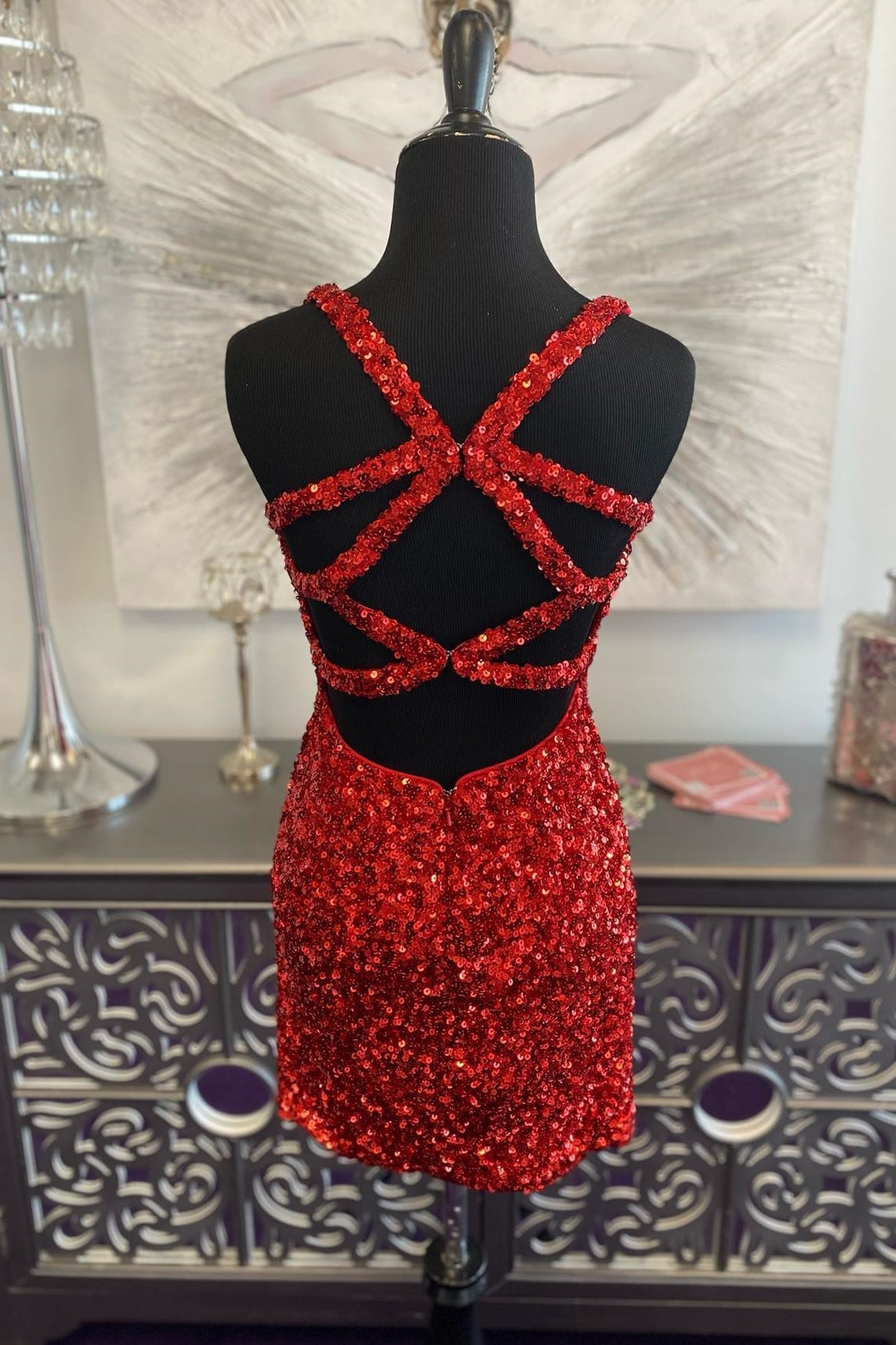 Red Sequin V Neck Bodycon Short Party Dress with Cross Back Dressesforparty Red Sequin V Neck Bodycon Short Party Dress with Cross Back Dressesforparty