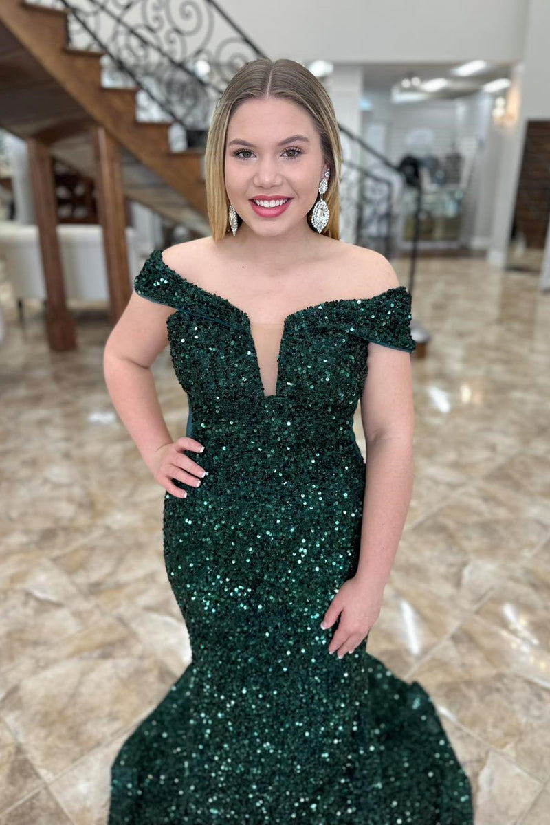 Off the Shoulder Dark Green Sequin Mermaid Long Formal Dress 