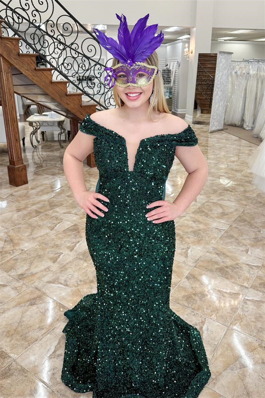 mermaid masquerade dress Off the Shoulder Dark Green Sequin Mermaid Long Formal Dress –  Dressesforparty