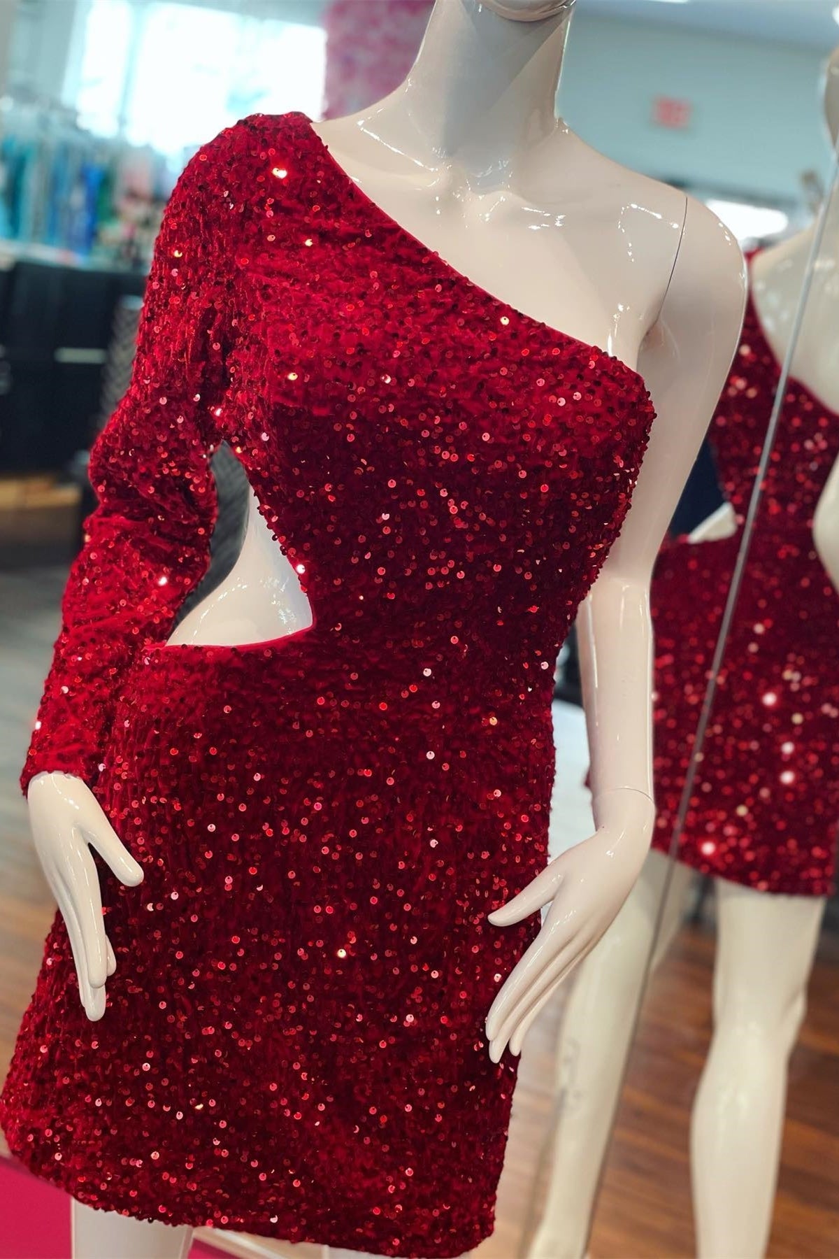 Sexy One Shoulder Long Sleeve Red Sequin Party Dress