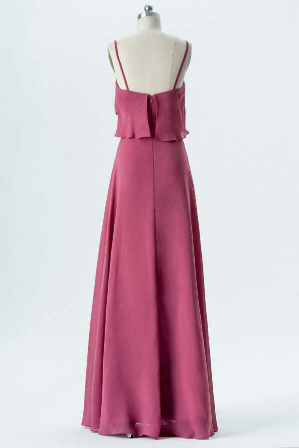 Rose A-line Chiffon Long Bridesmaid Dress with Spaghetti Straps