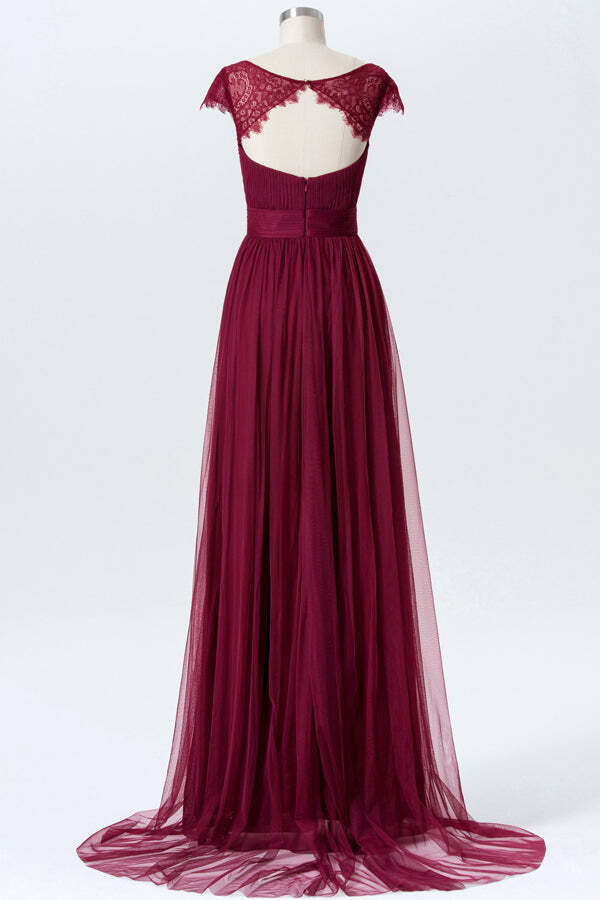 Burgundy A-line Knotted Long Bridesmaid Dress with Cap Sleeves 
