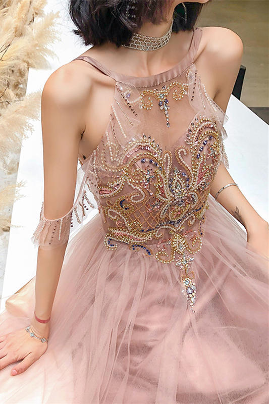 Delicated Champagne Beaded Long Formal Dress with Open Back