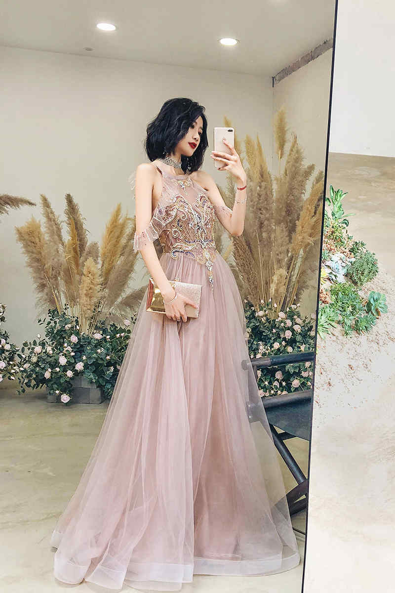 Delicated Champagne Beaded Long Formal Dress with Open Back