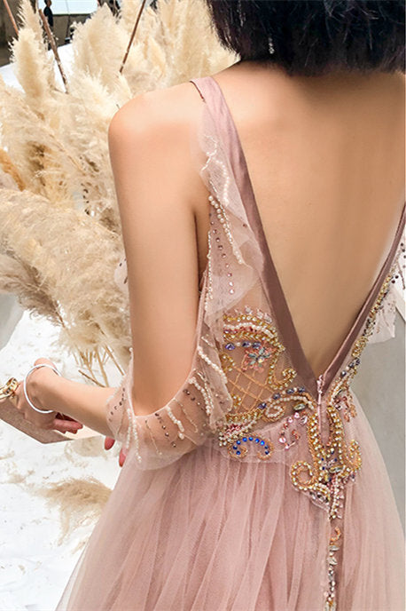 Delicated Champagne Beaded Long Formal Dress with Open Back