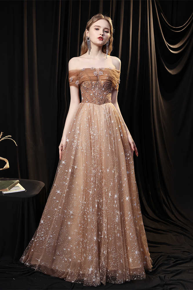 Gorgeous Off the Shoulder Champagne and Stars Long Evening Dress