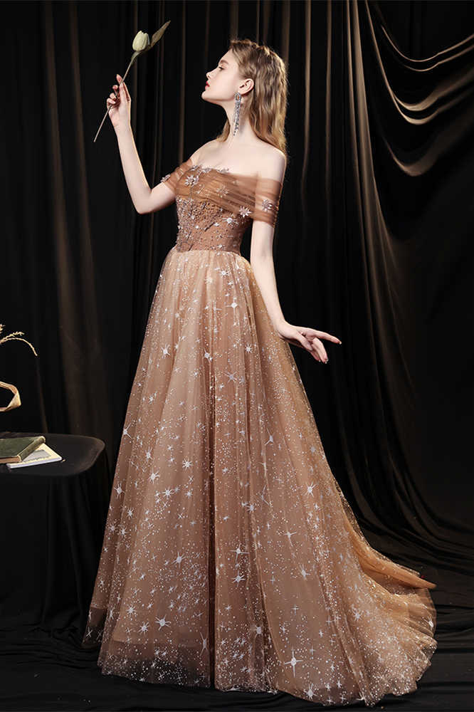 Gorgeous Off the Shoulder Champagne and Stars Long Evening Dress
