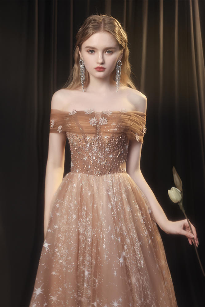 Gorgeous Off the Shoulder Champagne and Stars Long Evening Dress
