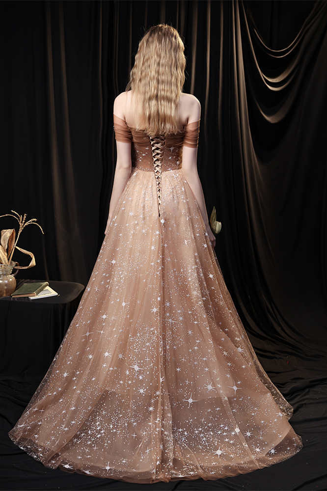 Gorgeous Off the Shoulder Champagne and Stars Long Evening Dress