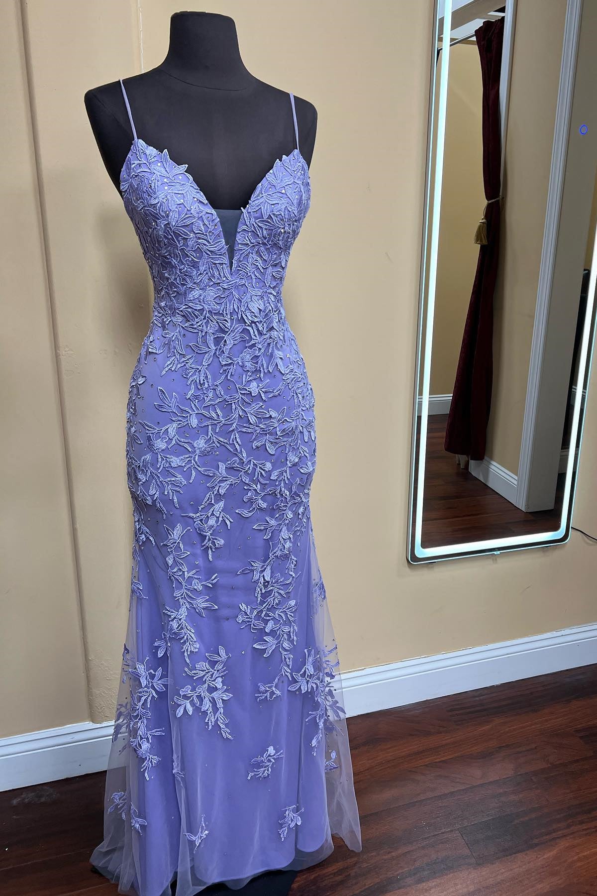 Blue Lace Appliques Mermaid Straps Long Formal Dress