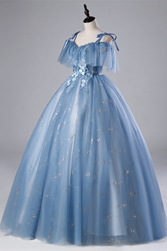 Off the shoulder Blue Flower Appliques Long Ball Gown