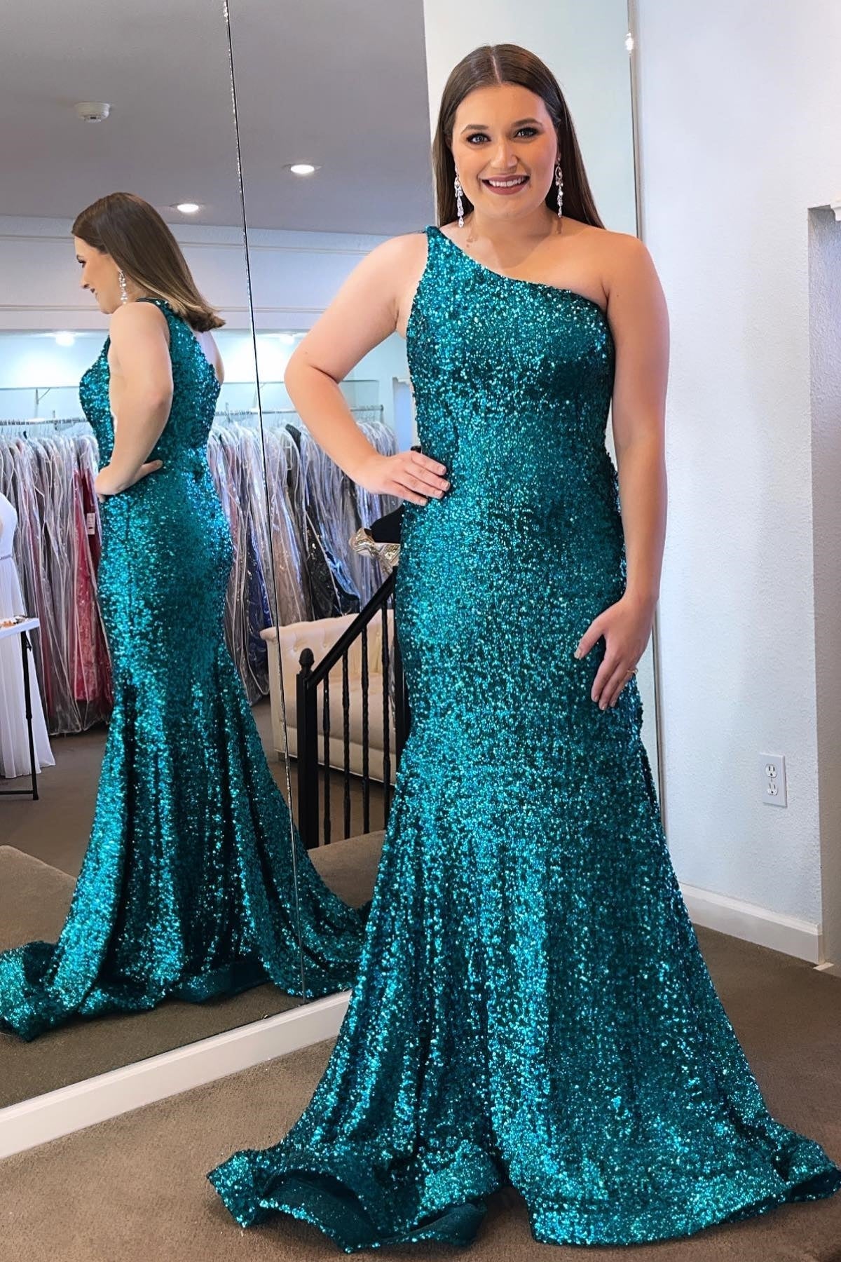 One Shoulder Turquoise Sequin Mermaid Long Formal Dress