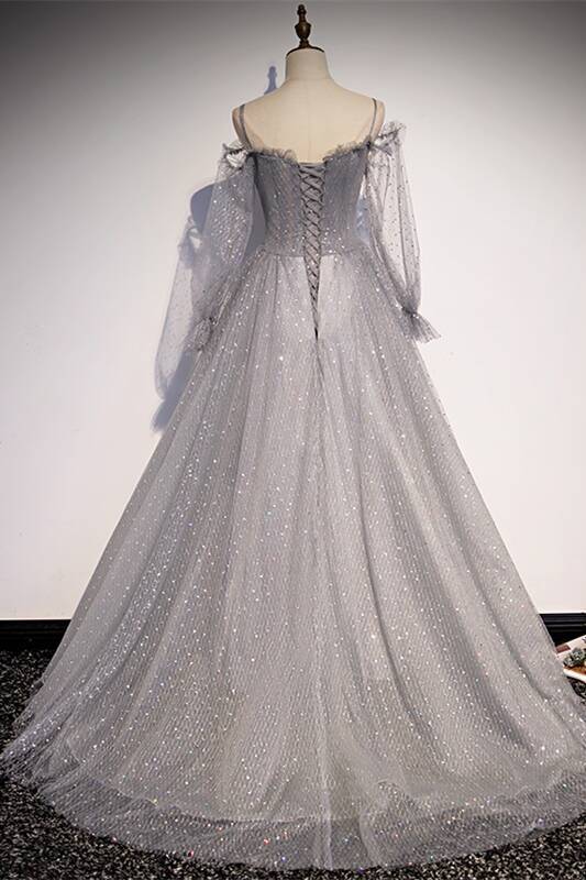 Unqiue Long Sleeves Shiny Grey Starry Formal Dress