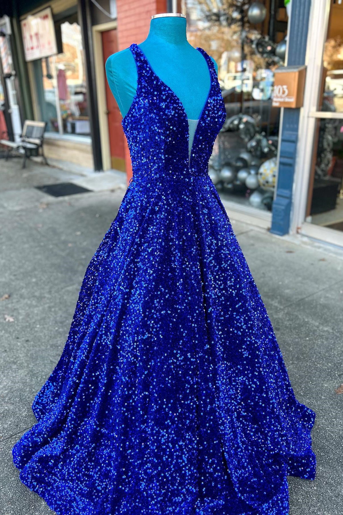 A-line Royal Blue Sequin V Neck Long Prom Dress Dressesforparty A-line Royal Blue Sequin V Neck Long Prom Dress Dressesforparty
