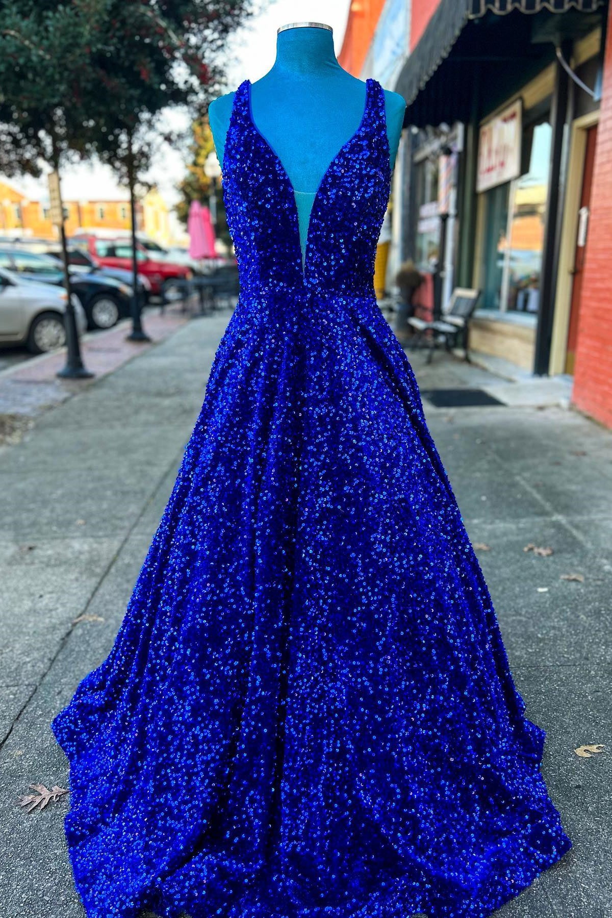 A-line Royal Blue Sequin V Neck Long Prom Dress