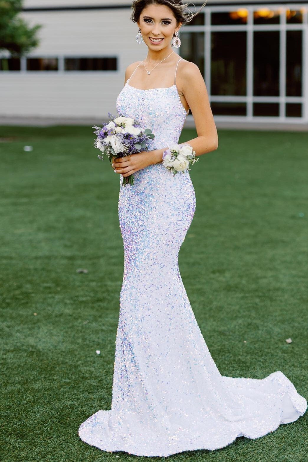 White Sequins Mermaid Long Prom Dress 