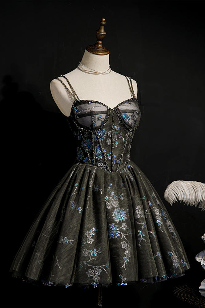 A-line Black and Blue Seqins Short Party Dress