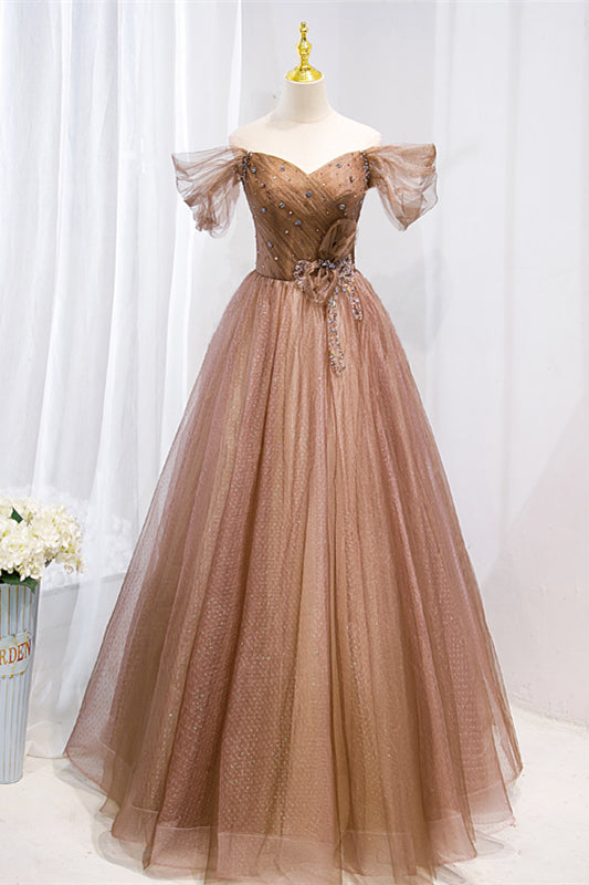 Off the Shoulder Brown Beaded Tulle Long Formal Dress