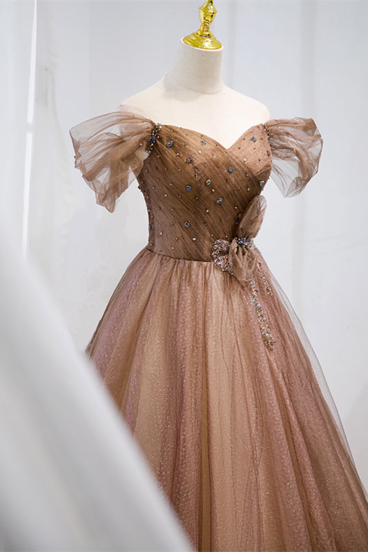 Off the Shoulder Brown Beaded Tulle Long Formal Dress