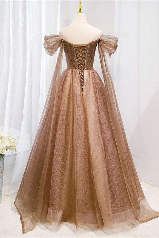 Off the Shoulder Brown Beaded Tulle Long Formal Dress