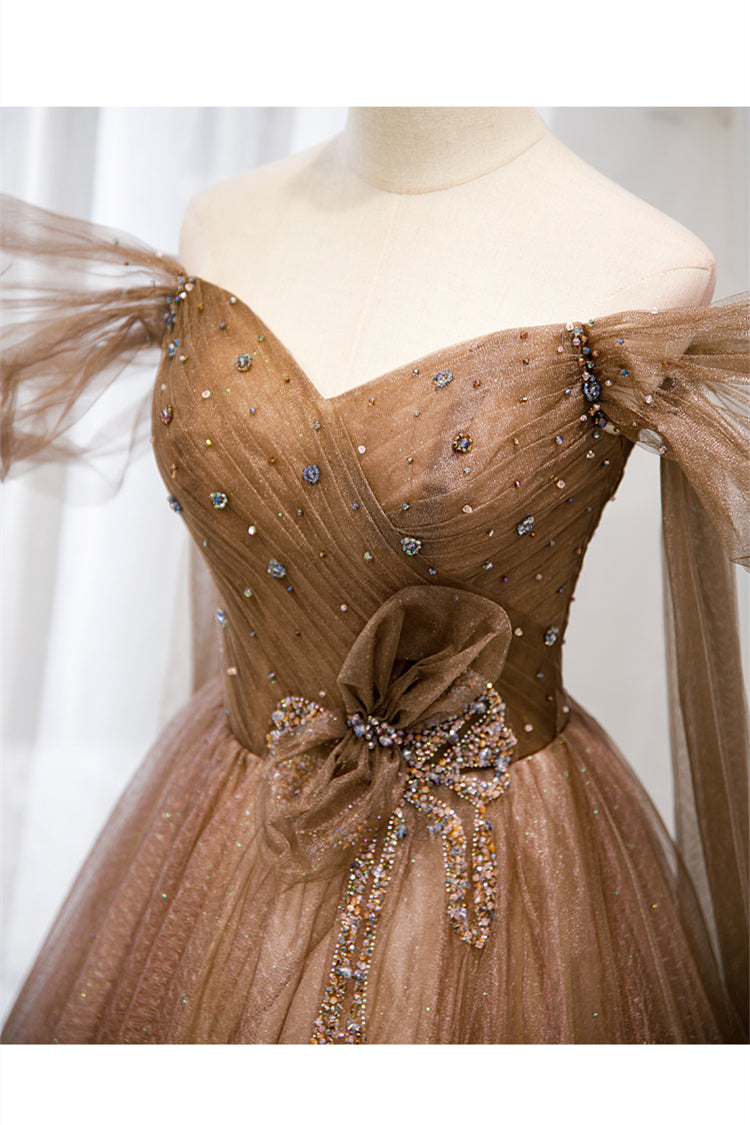 One shoulder Tulle dress in Brown main image 1