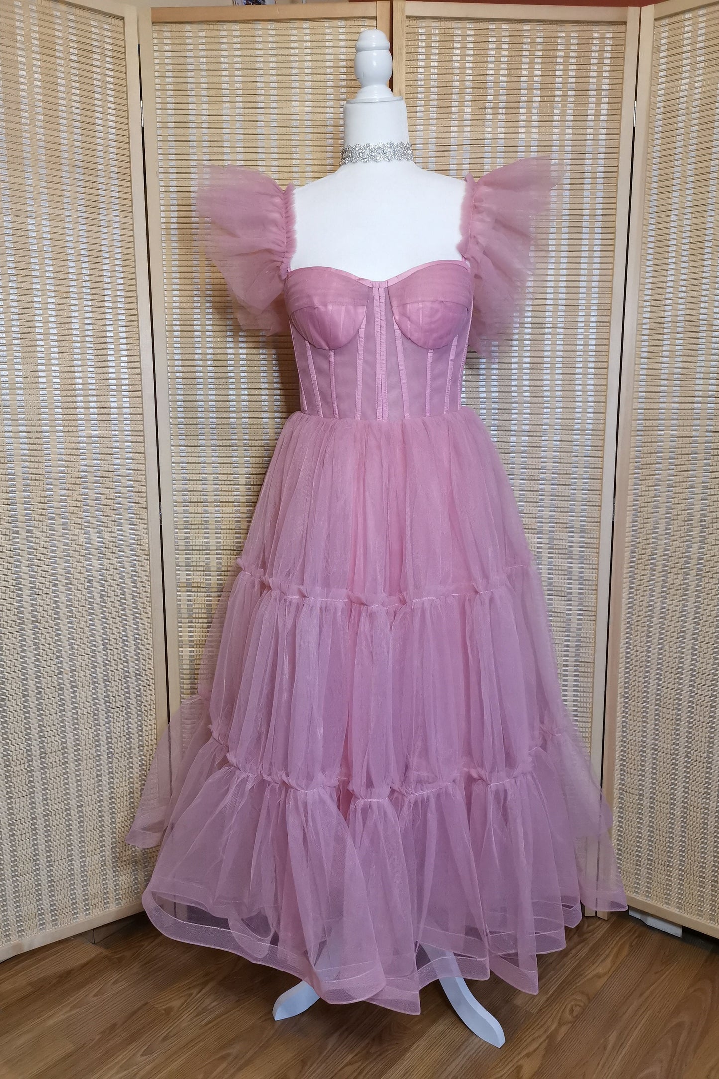 Flare Sleeves Rose Pink Corset A-line Princess Dress