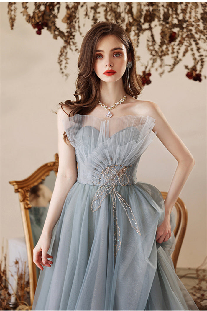 Princess Misty Blue Strapless A-line Long Formal Dress