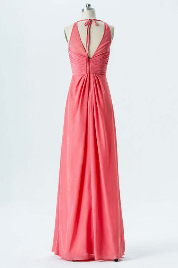 Coral Illusion Jewel Neck Chiffon Long Bridesmaid Dress