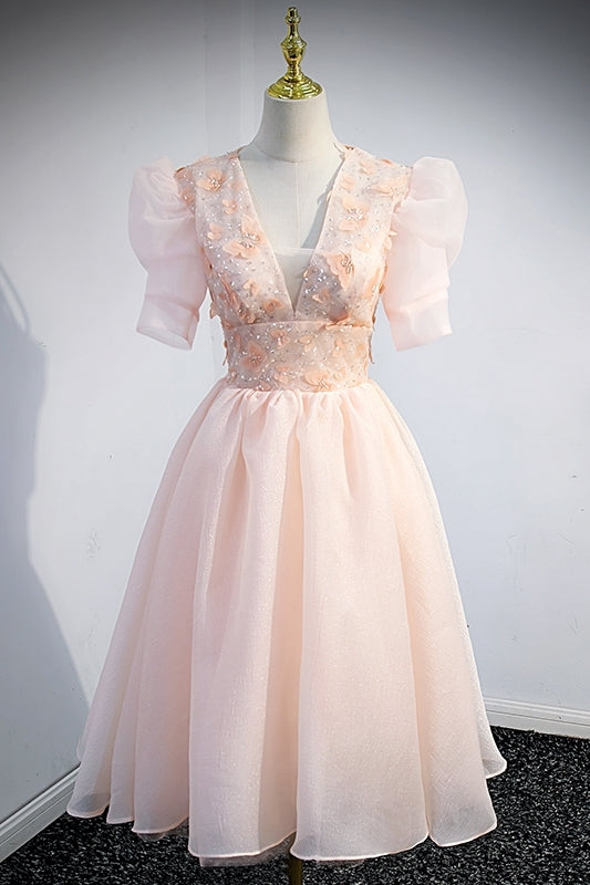 Princess Pink A-line Short Dress with Empire Waist and Short Sleeves