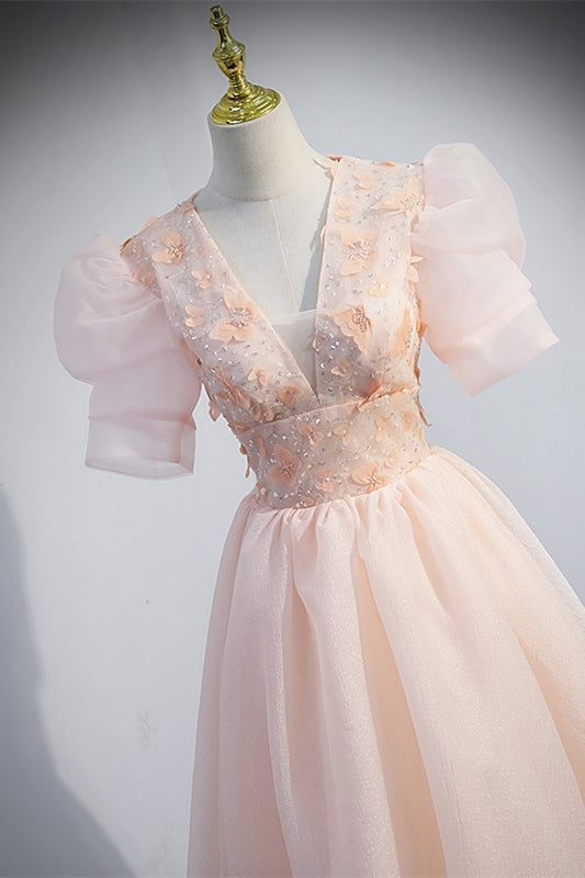 Princess Pink A-line Short Dress with Empire Waist and Short Sleeves