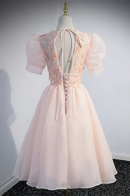 Princess Pink A-line Short Dress with Empire Waist and Short Sleeves