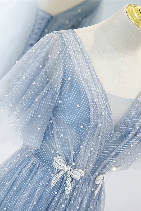 Soft Light Blue Tulle Long Formal Dress with Flutter Sleeves
