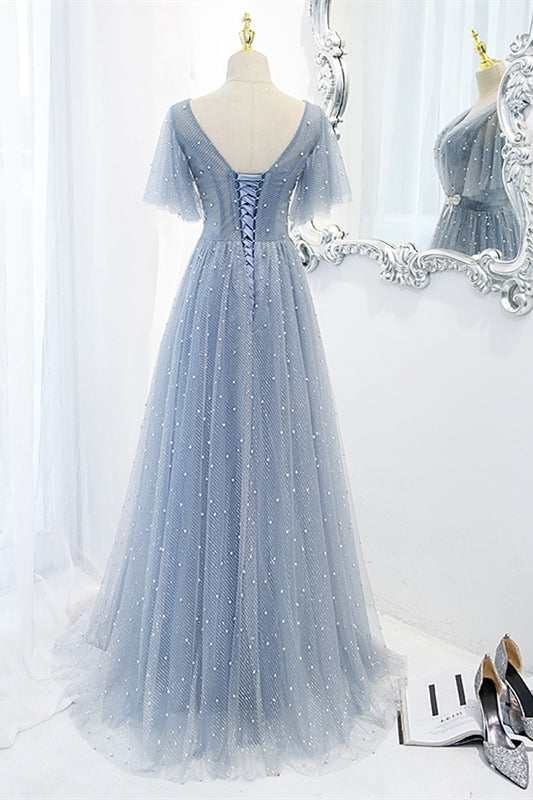 Soft Light Blue Tulle Long Formal Dress with Flutter Sleeves